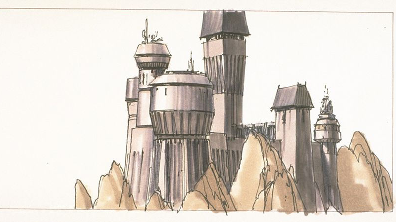 Arte conceptual del Castillo de Vader creado por Ralph McQuarrie durante la preproducciĂłn de Empire Strikes Back
